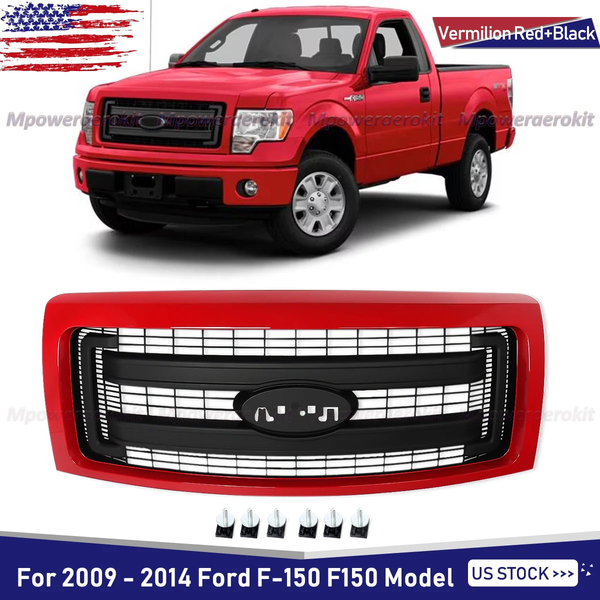 Front Bumper Grille Vermilion Red Fit For Ford F-150 F150 2009-2014 Front Hood Grille Upper Grills Front Grill Air Inlet Grille