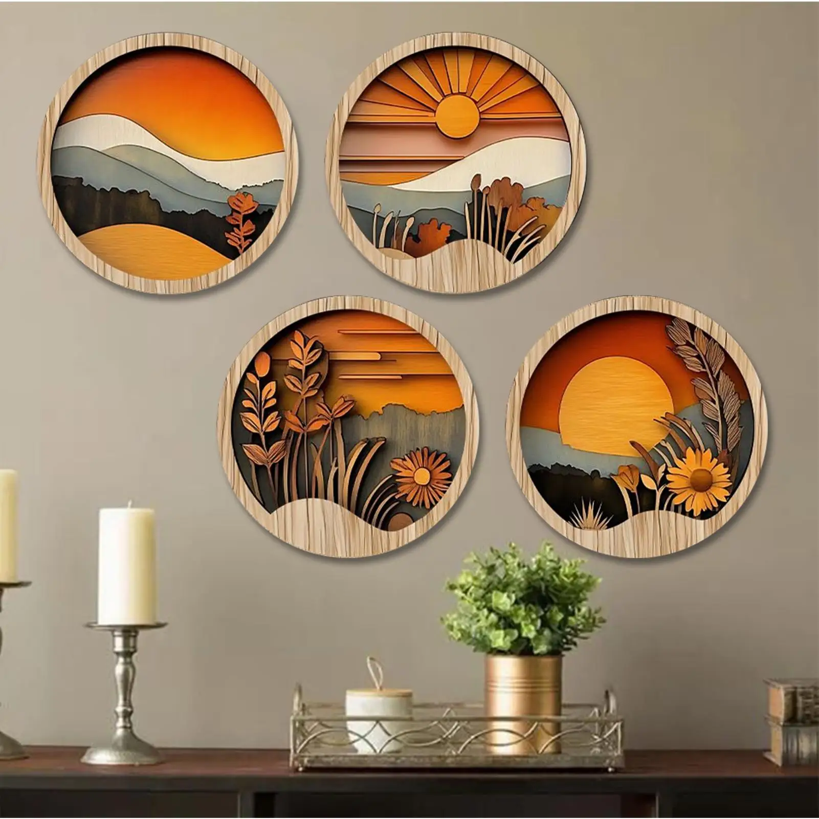 4Pcs Bohemian Wooden Wall Art Set - Energy-Efficient Hollowed-Out Pastoral Theme Hanging Sculptures for Living Room Bedroom