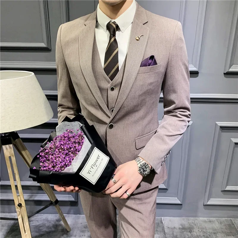 Icool Men's Casual Business Formal Suit Set(Coat+Vest+Pant) Three-piece With Single Buttons Bridegroom Bridesmaid Dress