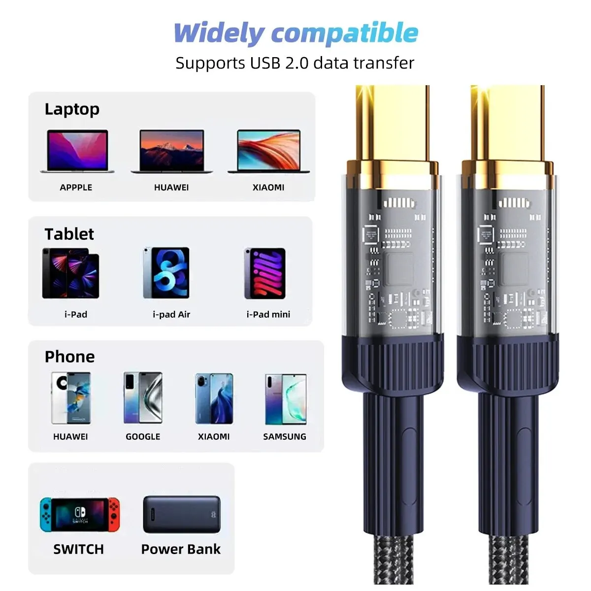 Type C To Type C 100w Pd Transparent Fast Charging Cable Data Cable For iPhone Samsung Xiaomi Huawei Macbook Cables