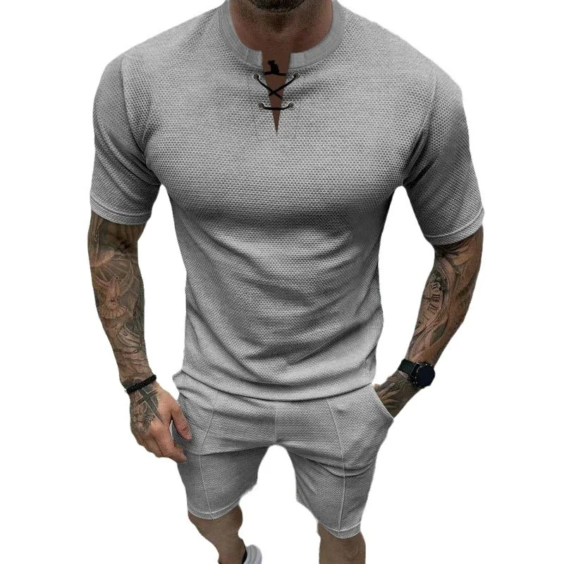 

Summer Sports, Leisure, Slim Fit Men's Clothing, European and American Men's Short T-shirt, Tied Rope, Waffle Top and Shorts Set