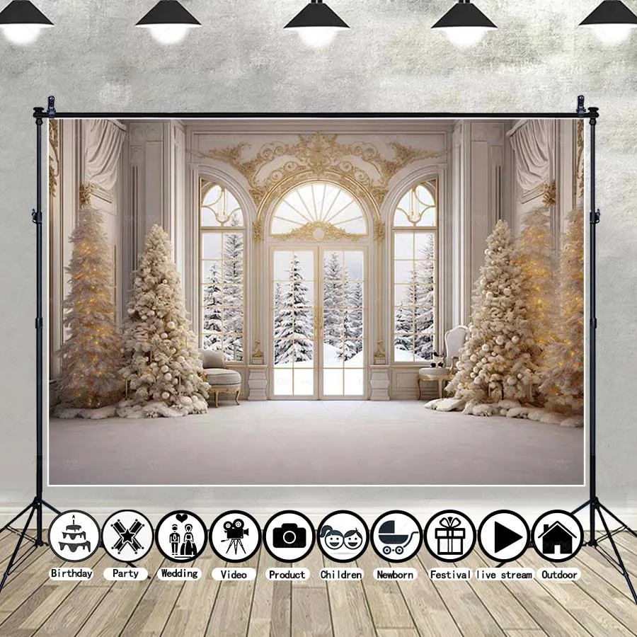 MOON.QG Fondo fotográfico clásico de Navidad para interiores, coronas, árboles, lazos rojos, retrato de fondo, cabina de estudio para bebé, accesorios de tiro