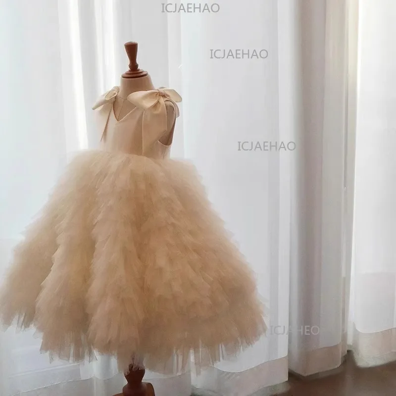 Kids Formal V Neck Sleeveless Bow Tulle Tutu Birthday Party Banquet Princess Gown Flower Girl Wedding Piano Performance Costume