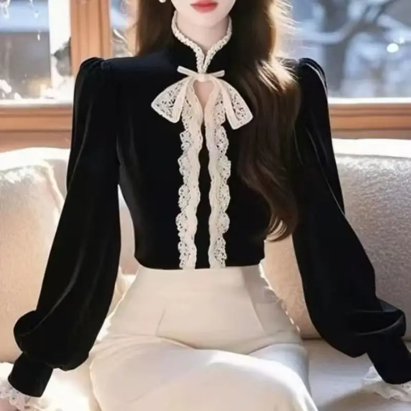 

Элегантная черная бархатная рубашка в корейском стиле, шикарный базовый слой, топ с узлом-бабочкой, украшение без рукавов, женская TT429