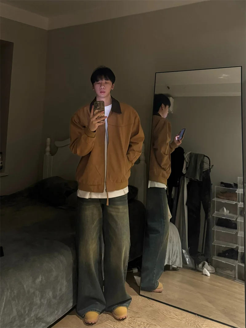 

Khaki Detroit Workwear Jaet Men's Autumn Trendy Brand American Retro Baseball orm Loose Fit Polyester Blend Fiber