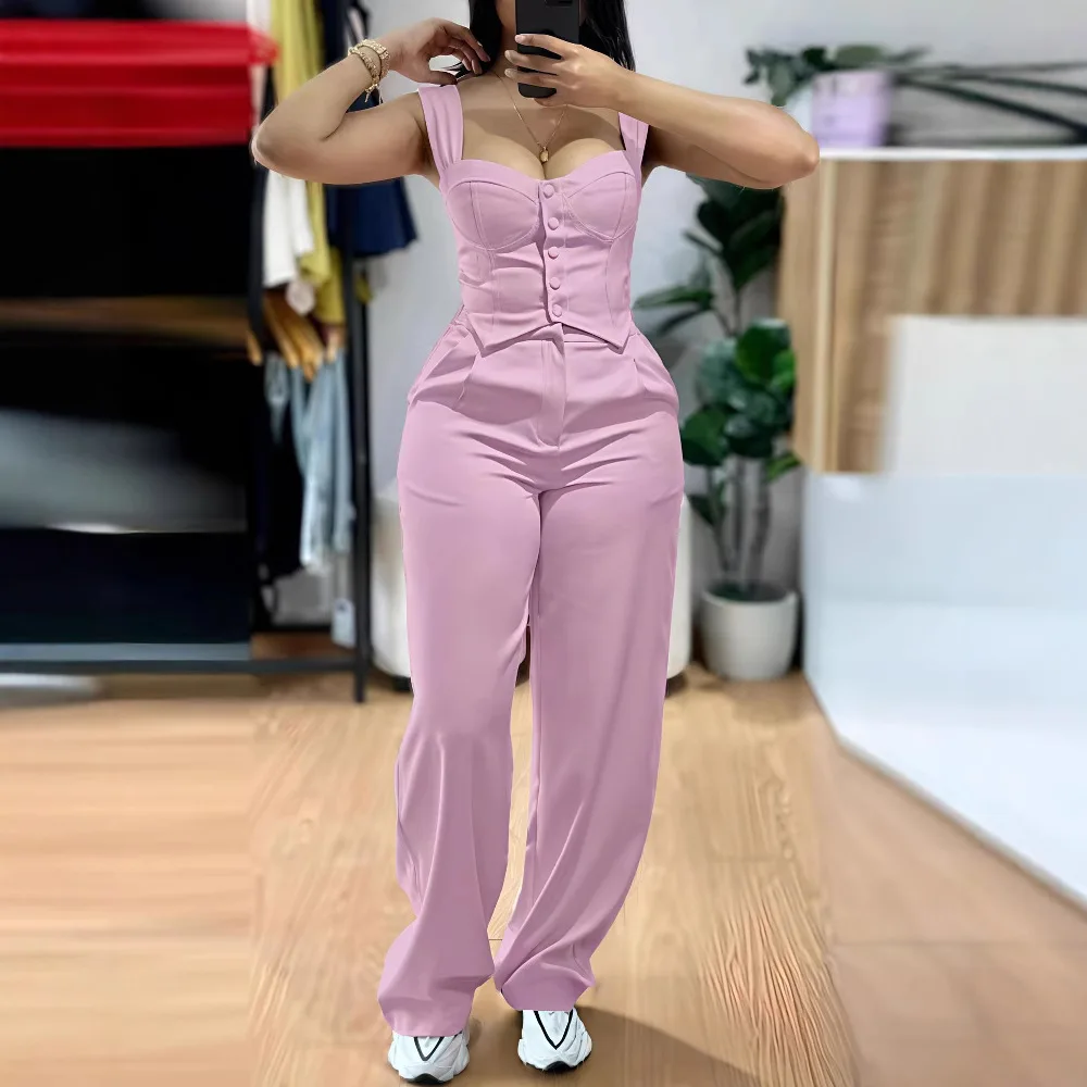 

Лето 2026, комплект из 2 предметов для офиса и поездок на работу, спортивные универсальные подтяжки без рукавов, однобортный короткий топ, широкие брюки