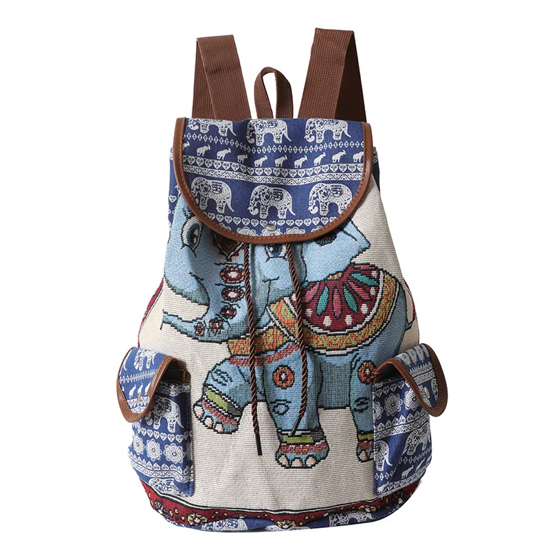 Ethnic Korean Style Bohemian Elephant Embroidery Backpack Casual Animal Drawstring Backbag Bucket Back Bag Sac A Dos Travel