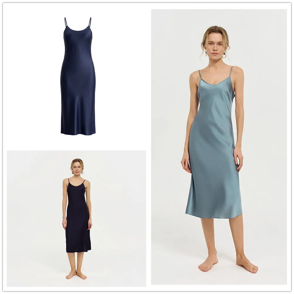 Solid Color Female Long Nightgown Home Dressing Gown Sexy Suspender Nightdress Summer Ice Silk Sleepwear Lounge Wear