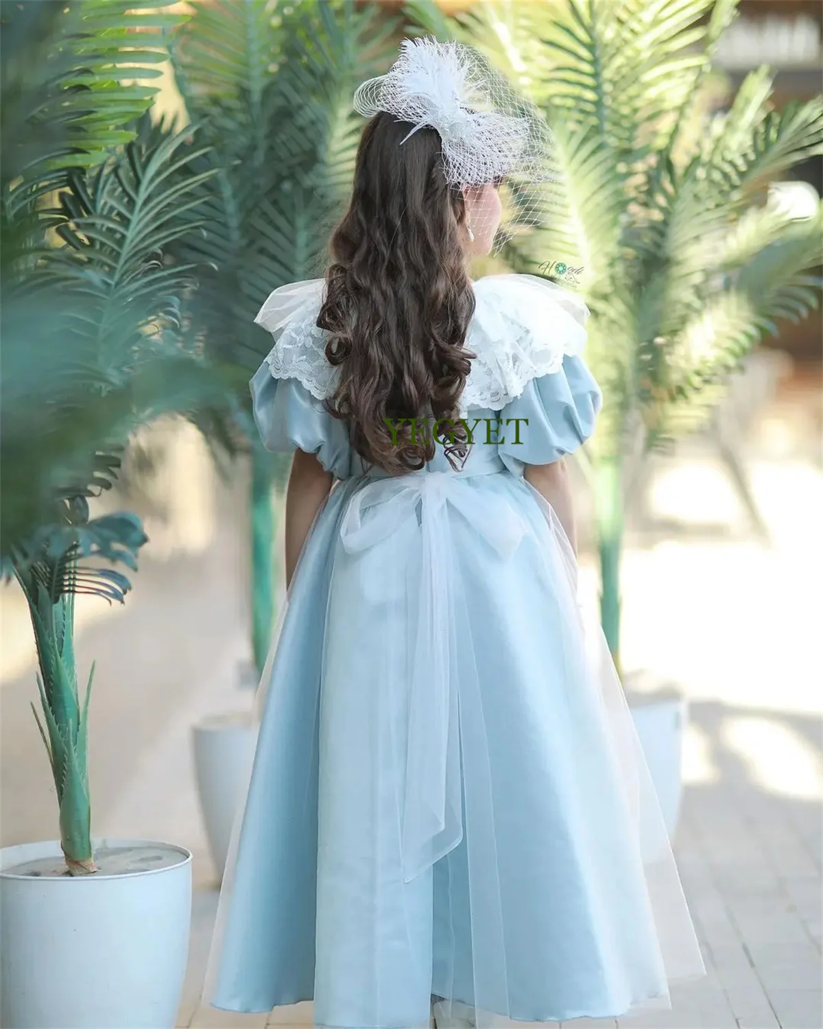 Cust2024 Blue Satin Flower Girl Dress For Wedding Lace Puffy Kid Birthday Party Princess Dress First Communion Ball Gowns