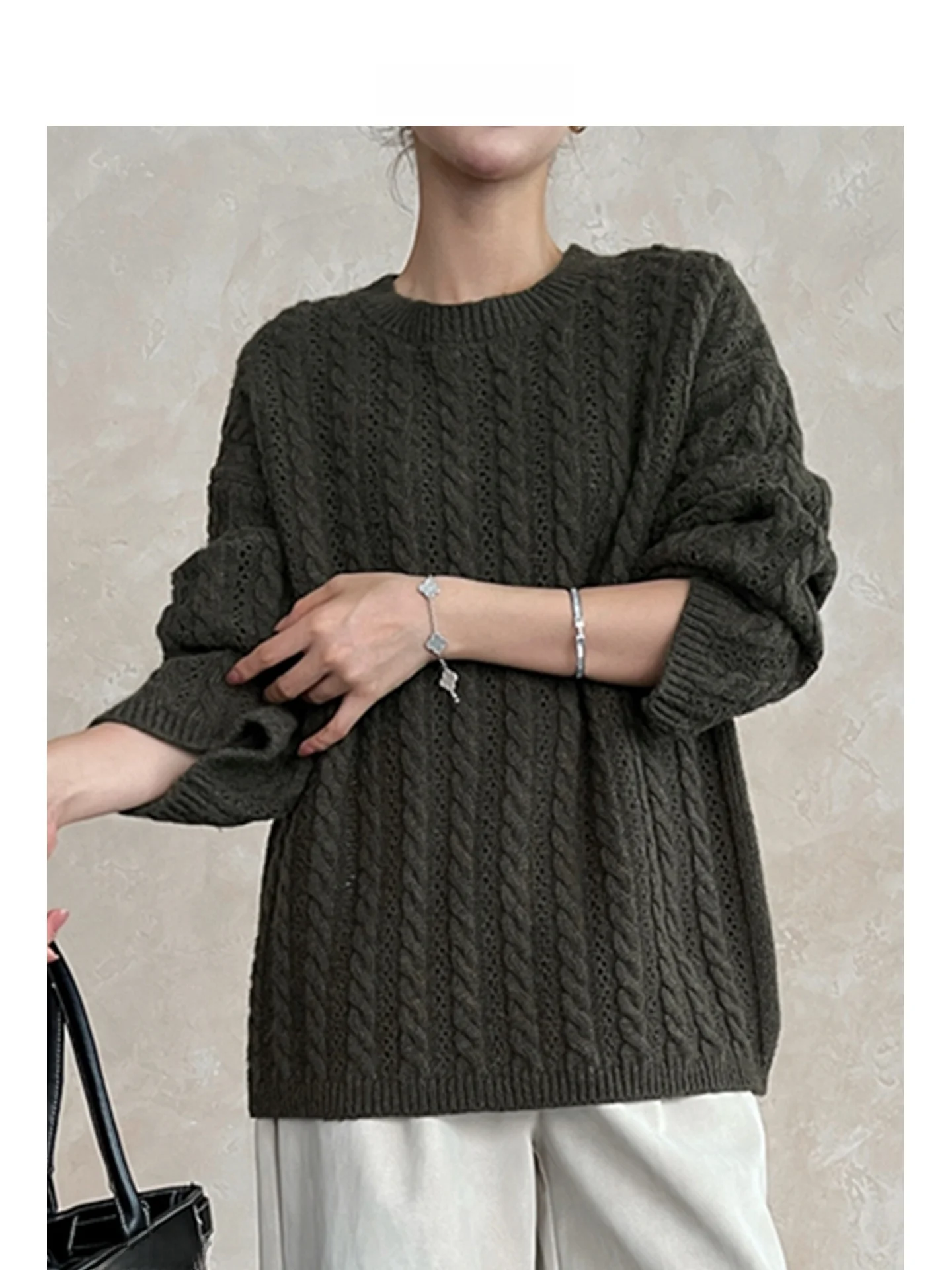 

ARETE AK Lazy Sle Long Hair Knitted Loose round Ne Sweater Pure Color Versatile Comfortable Warm Winter Top for Women