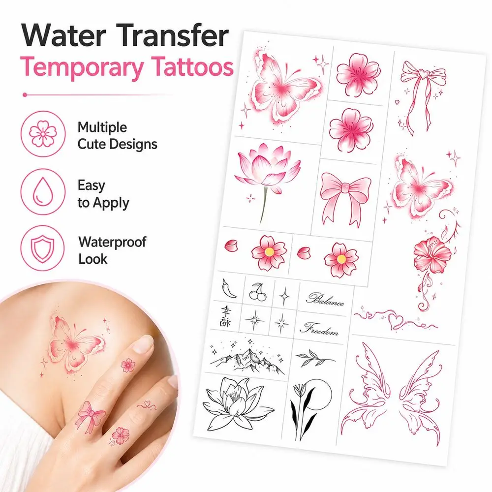 Waterproof Butterfly Temporary Stickers Floral Pattern Water Transfer Paper Water Transfer Tattoos English Phrases