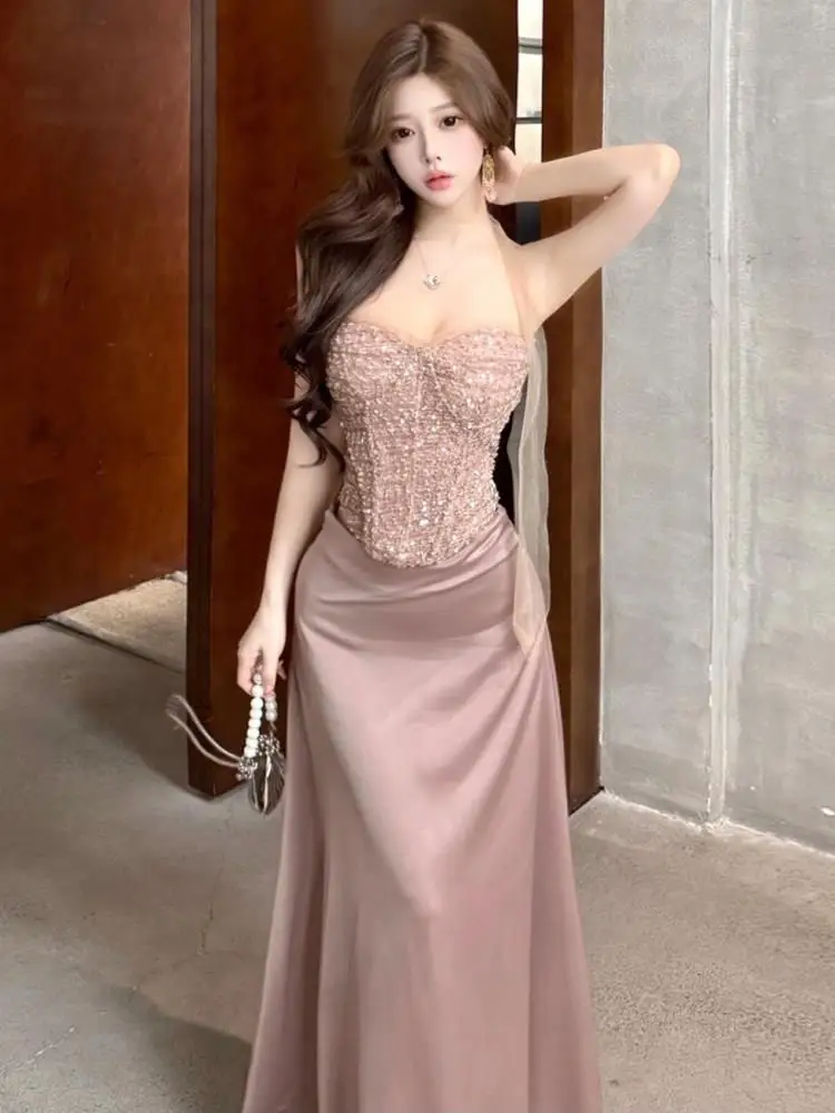 

High-End Luxury Fishbone Strapless Vest Top Slimming High-Waisted Long Skirt Set Women's Fashion Sensual Style Casual Wear