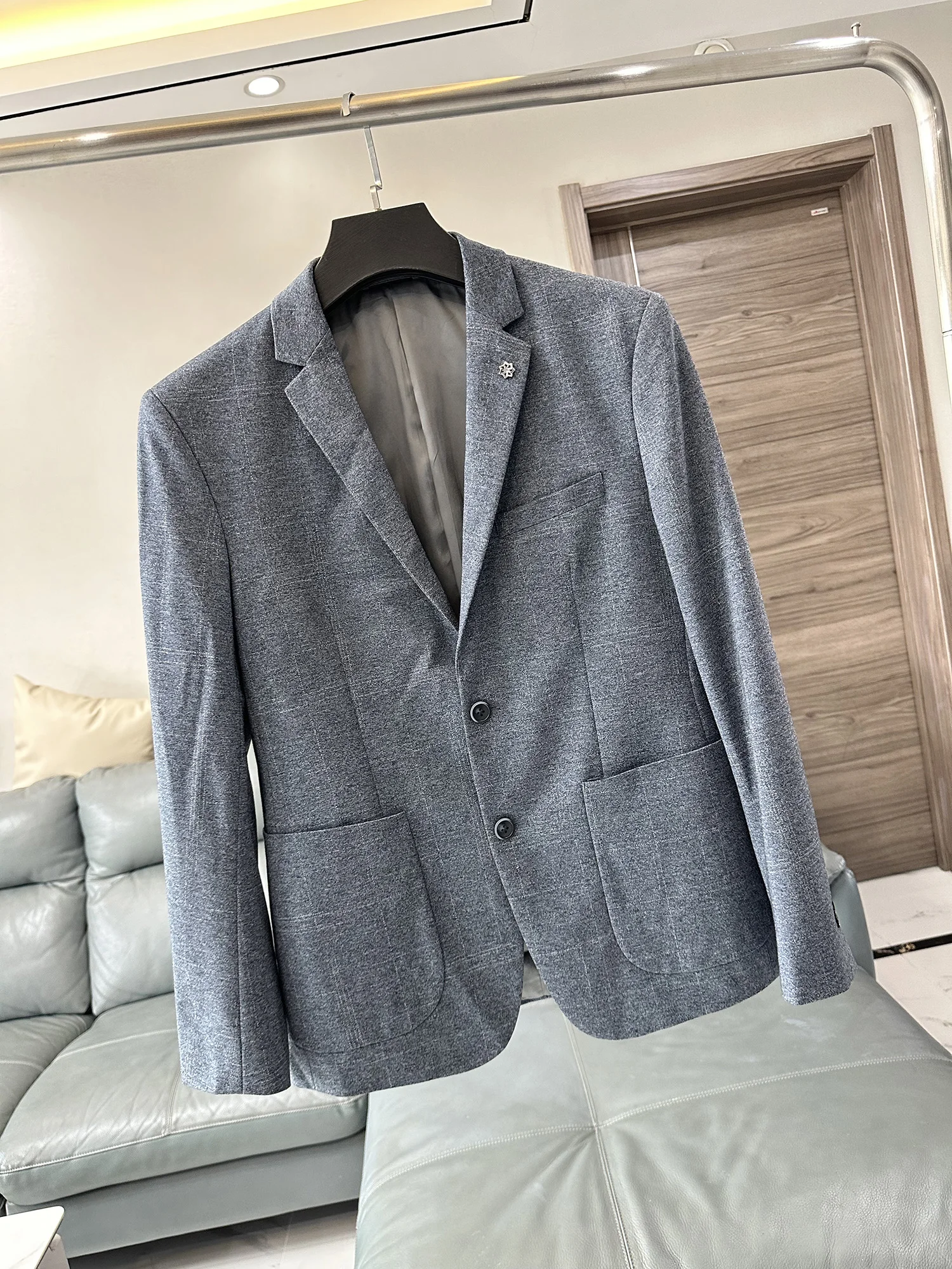 Casual Grey Men's Suiting Jacket Spring Commuter Style Standard Fit Fashion Urban Long Sleeve Two Button Closure Soft Polyest...
