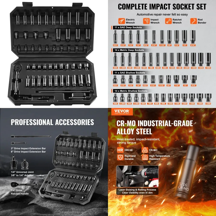 

VEVOR Impact Sockets Set 55pcs 6Point 1 4" Drive Bit Ratchet Tool Kit Case