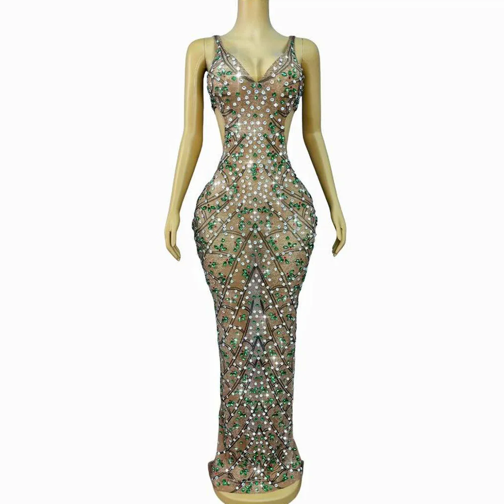 Women Sexy Shining Rhinestones Hollow Waist V-neck Dress Cocktail Birthday Party Prom Elegant Gown Show Red carpet Stage Wear