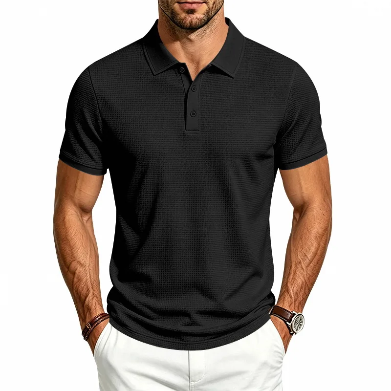 Men Solid Honeycomb Textured Polo Shirt Lapel Collar Button Placket Breathable Casual Golf Short Sleeve Top