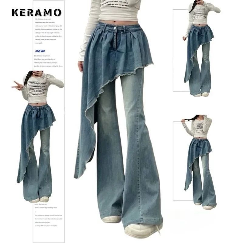 

Hotsweet Y2K Eclectic Full Length Denim Trouser Women's 2000s Street Retro Spliced Jeans Vintage Casual Trashy Sexy Emo Pants