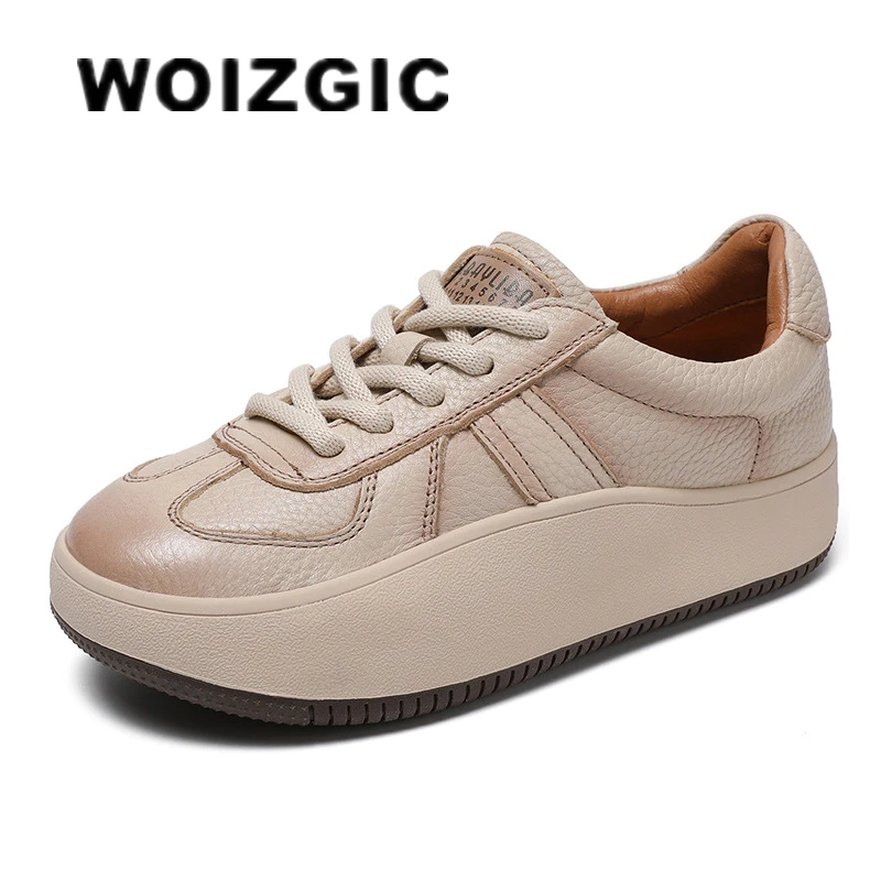 

WOIZGIC Female Women's Genuine Leather Flats Shoes Platform Loafers Lace Up Spring Autumn Running Vulcanized Shoes Sneakers