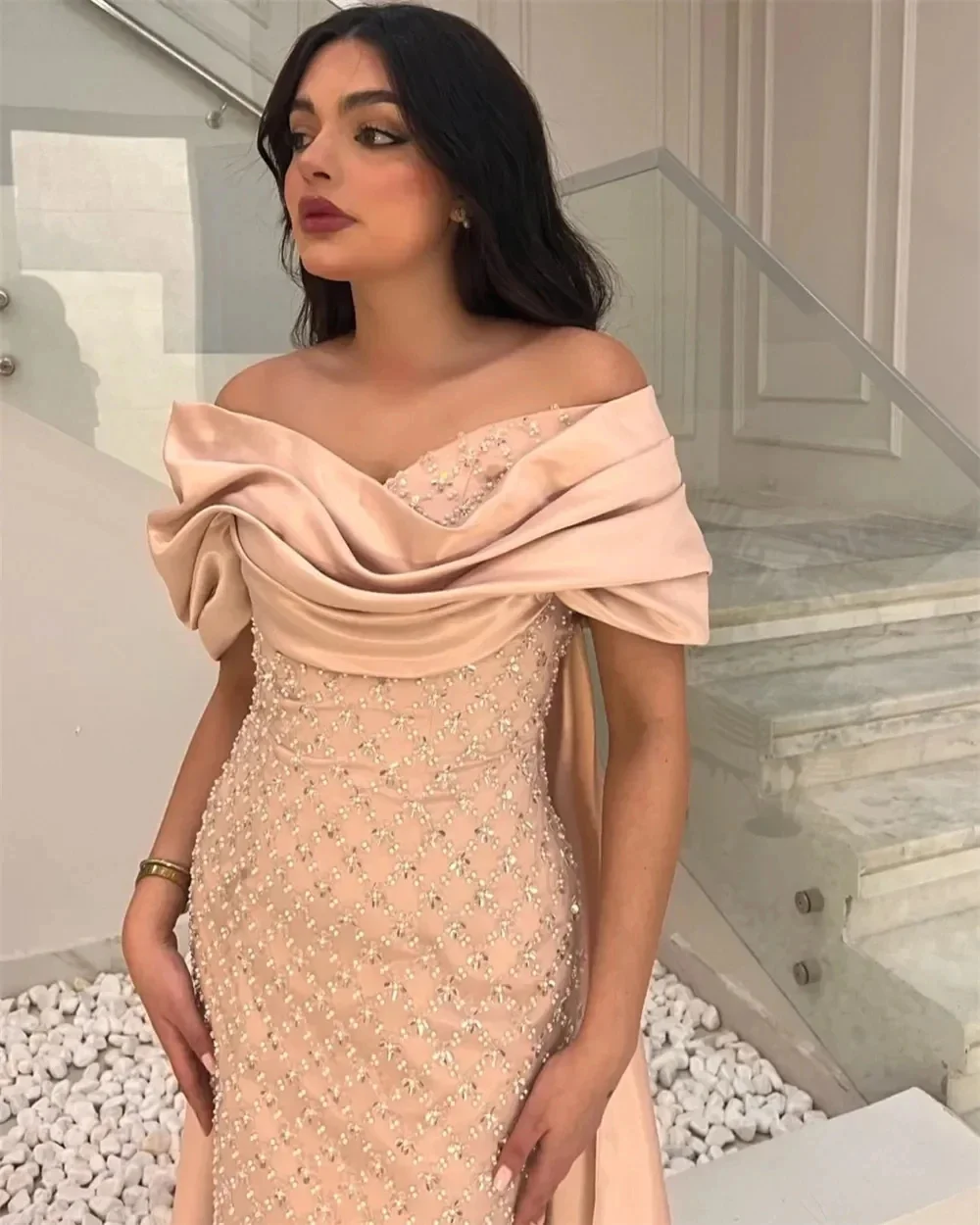 Sansa Elegant Pink Off Shoulder Prom Dresses Satin Glitter Bead String Vestidos de fiesta Mermaid Ankle-Length 2024 فساتين سهرة