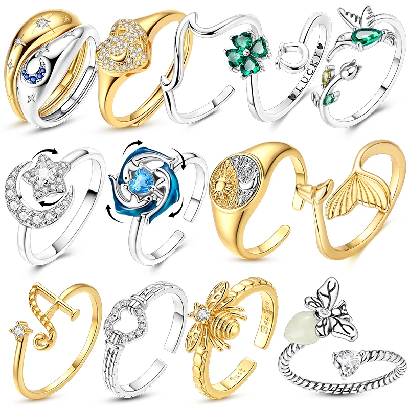 

925 Sterling Silver Open Rings for Woman Firefly Dolphin Star Moon Heart Adjustable Ring Party Anniversary Fine Jewelry
