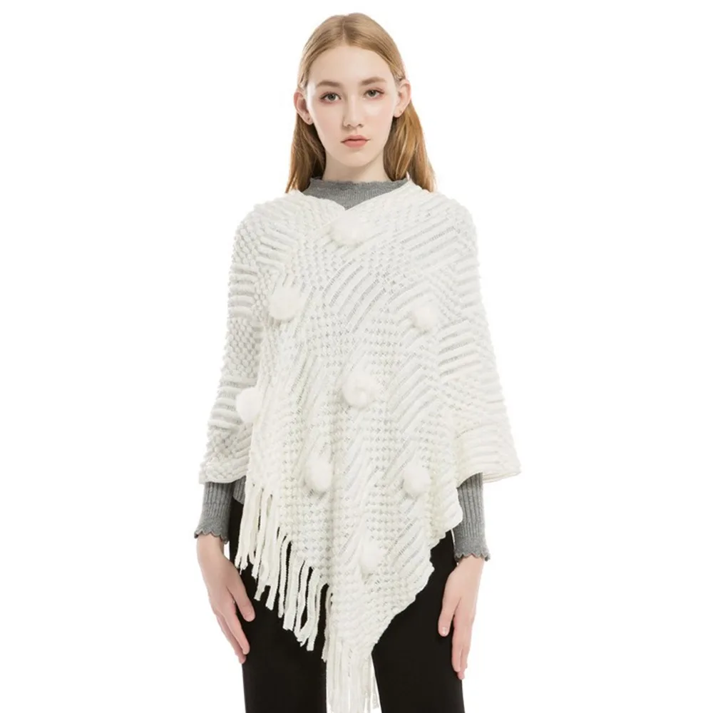 

Новая теплая шаль из искусственного кашемира с шариком из кроличьего меха, однотонный плащ с запахом, вязаный свитер больших размеров