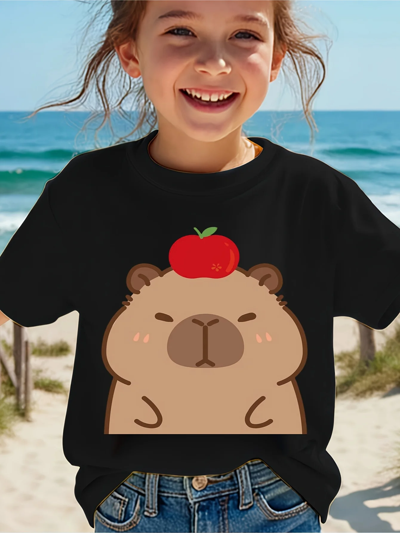Parent Child Matching Tee Cute Capybara Apple Cartoon Graphic Short Sleeve Cotton T Shirt Girl Boys Kid Lovely Daily Casual Wear
