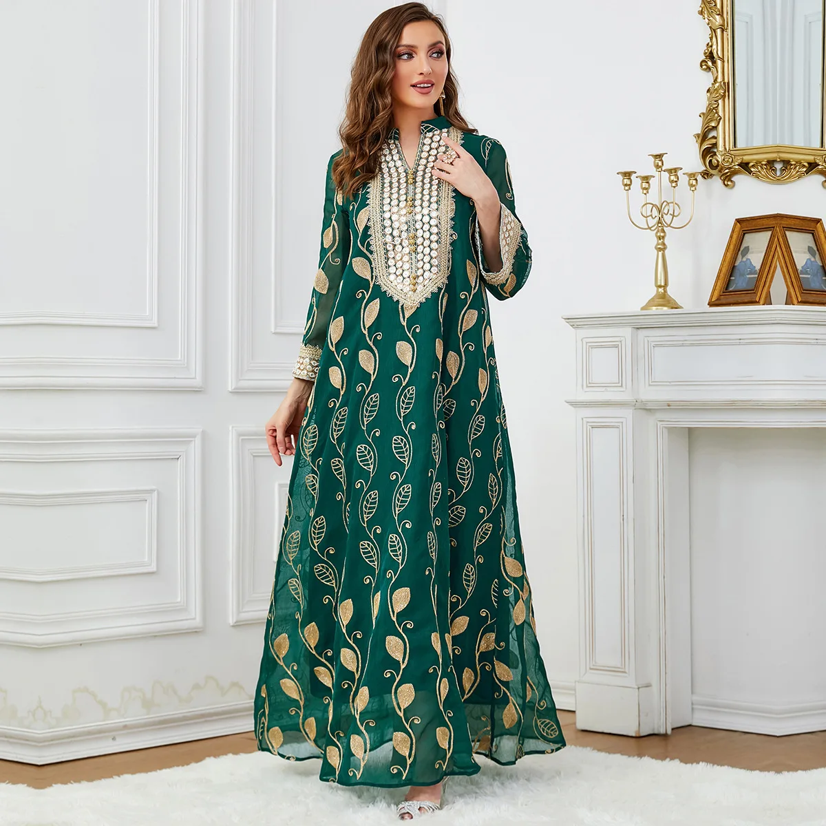 Arab Dubai Mesh Embroiled Dress Museum Fashion Party Evening Dress Women's Wear Abaya Dubai Luxury Kaftan Islam Dresses Summer