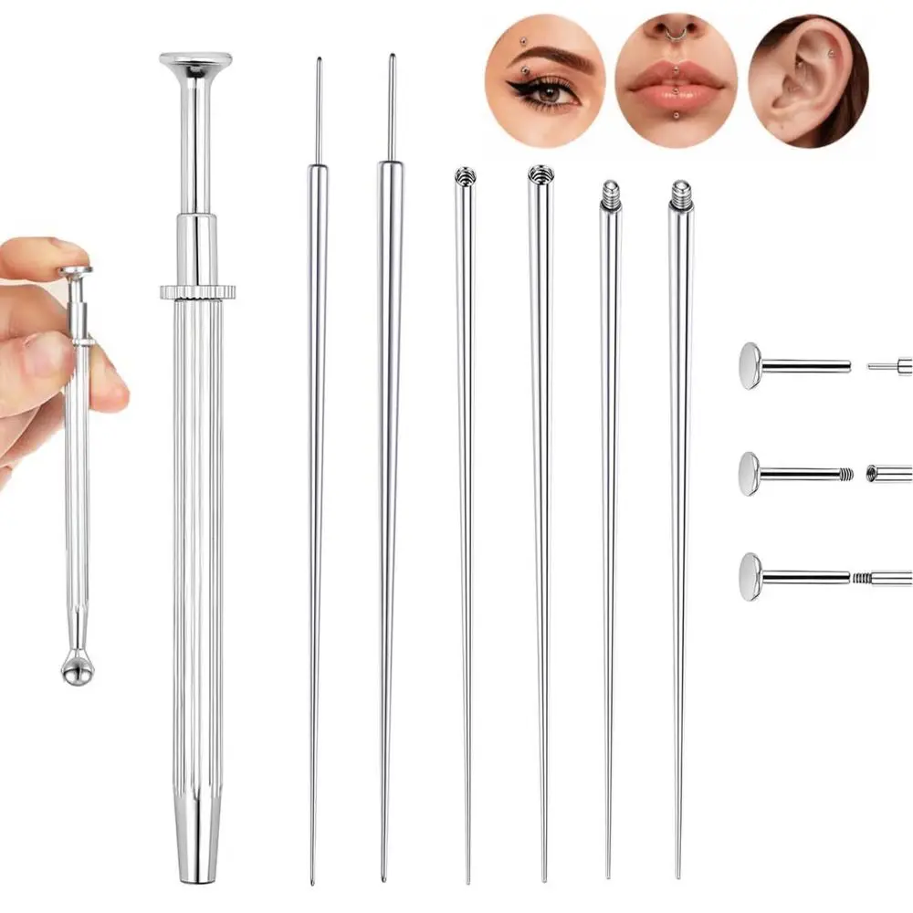 6/7pcs Stainless Steel Piercing Taper Tool Earring Applicator Professional Puncture Connecting Pin Straight/Curved Pole