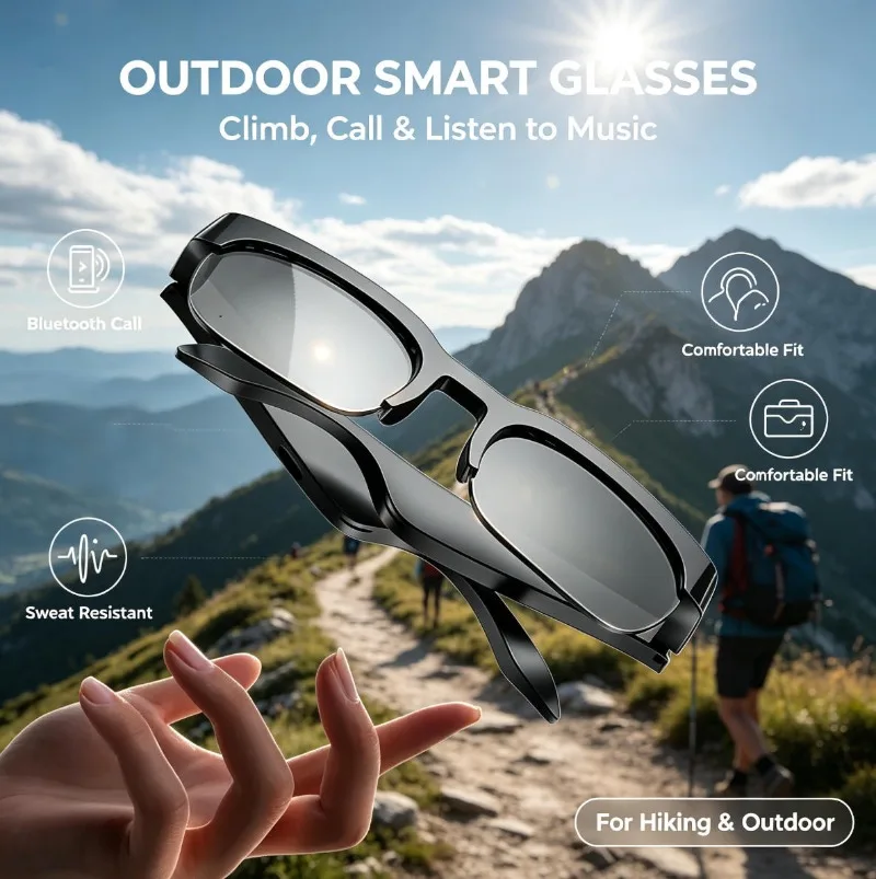 Smart Glasses, Wireless Bluetooth Headset, Outdoor Sports Sunglasses, Open‑Ear Audio for Music & AI Translation