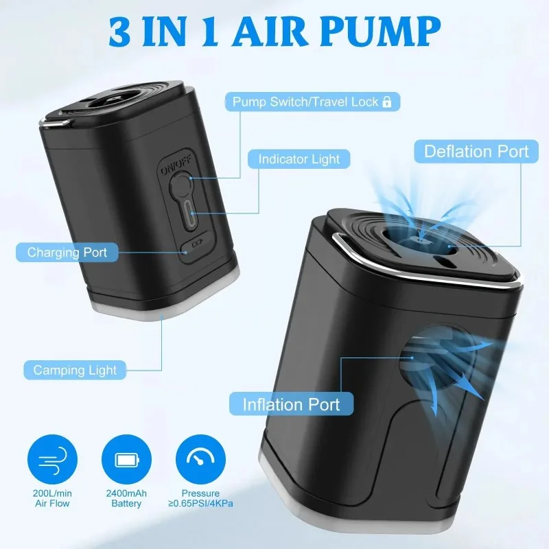 Portable Electric Air Pump Mini Wireless Air Compressor Quick Inflate/Deflate Pump with LED Light for Sofa Mattress Swim Ring