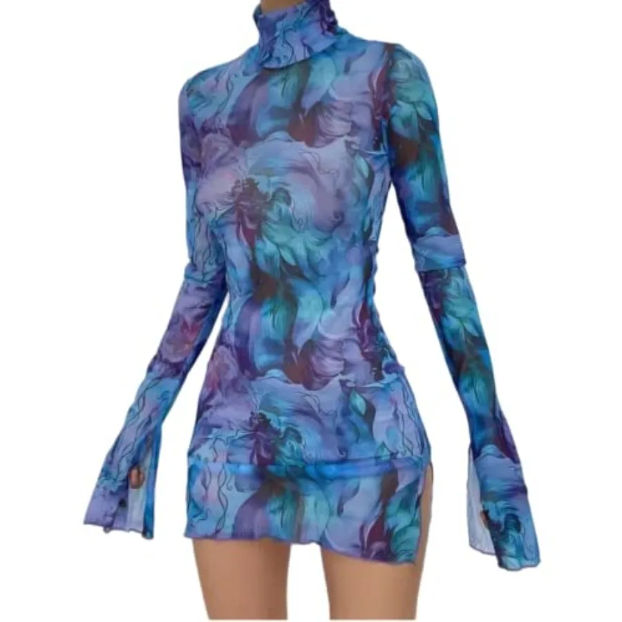 

Women's Floral Tie Dye Sheer Mesh Mini Dress Sexy Mock Neck Split Bodycon Fla Long Sleeve Beach Party Dress