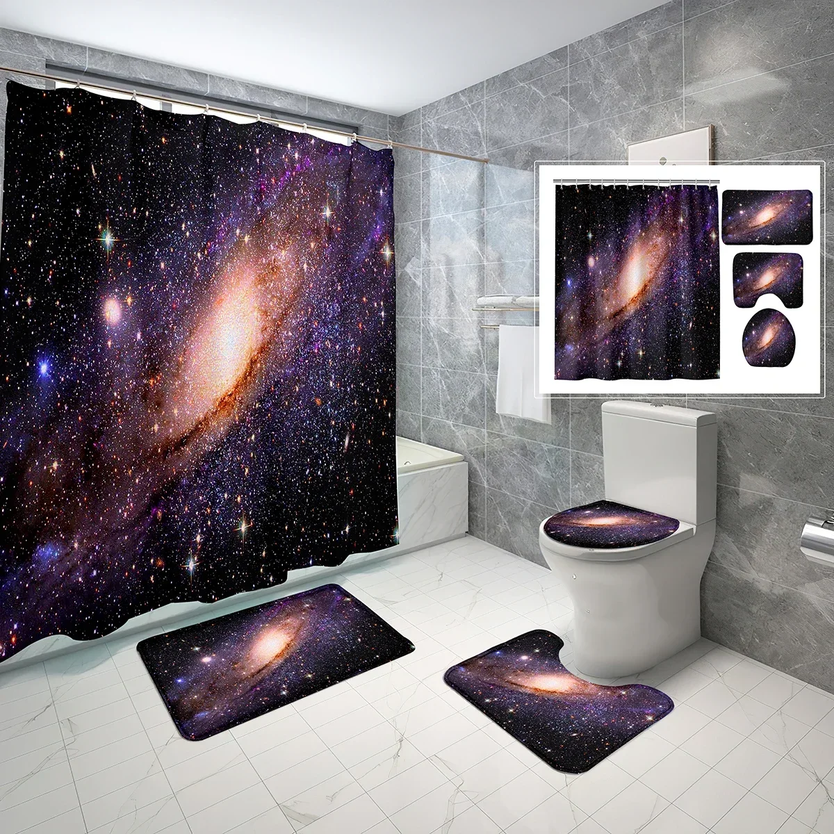 Space Theme Shower Curtain Sets 4 Pcs with Non-Slip Rugs Mat Toilet Lid Universe Purple Galaxy Waterproof Shower Curtain Set
