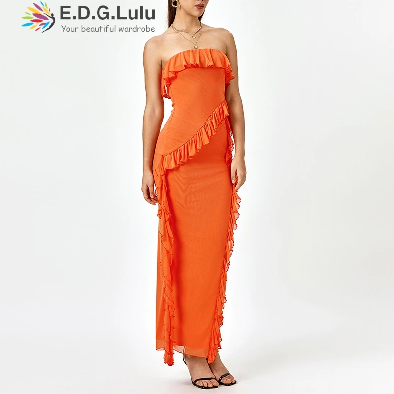 EDGLuLu  Square Collar Ruffled Sleeveless Birthday Dress Woman Sexy Backless Design Irregular High Slit Orange Long Dress 1108