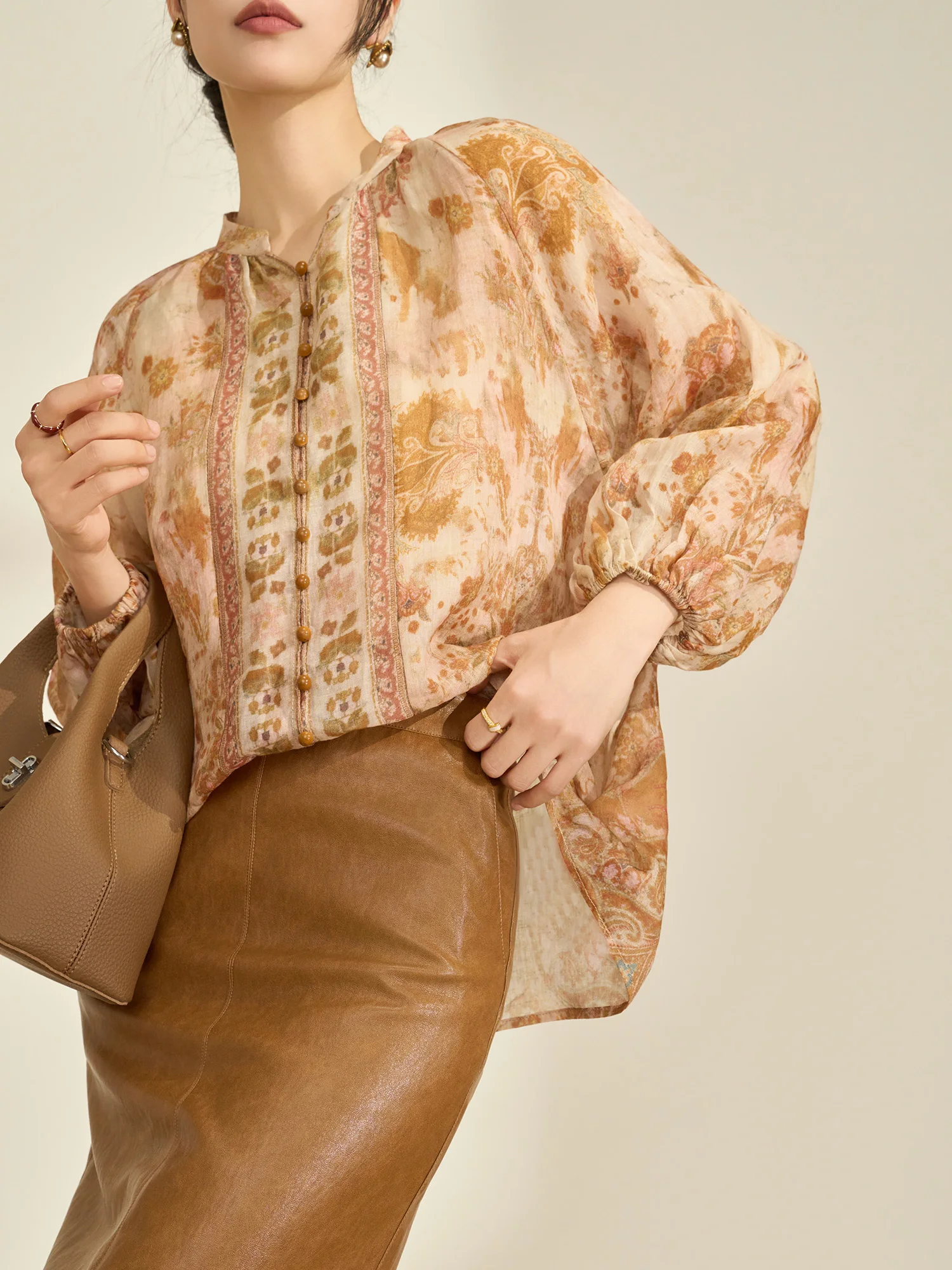 

Женская блузка Flowing Era цвета хаки с принтом и рукавами-фонариками в этническом стиле, весенняя модная повседневная удобная блузка из полиэстера