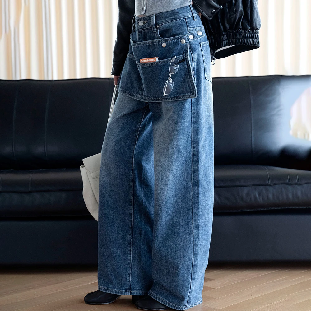 TWOTWINSTYLE Solid Spliced Pocket Loose Casual Jeans for Women High Waist Patchwork Button Wide Leg Denim Trousers Female style