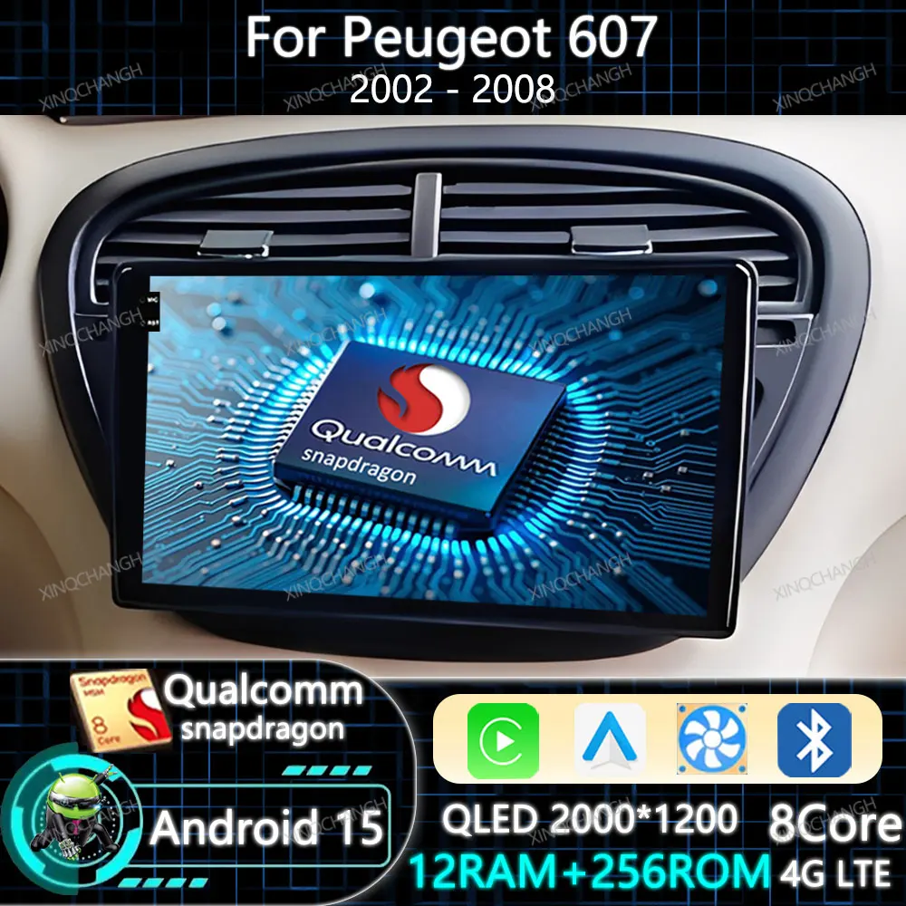 Android 15 rádio do carro carplay auto para peugeot 607 2002 - 2008 unidade principal de navegação 4g lte 5g wifi qualcomm 2din gps bt qled bt