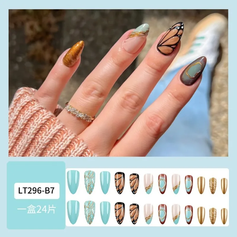24Pcs Fake Nails Wavy 3D Peacock Tail Butterfly Design with Lake Blue Gradient Press-On Nail Perfect Gift for Girls and Friends