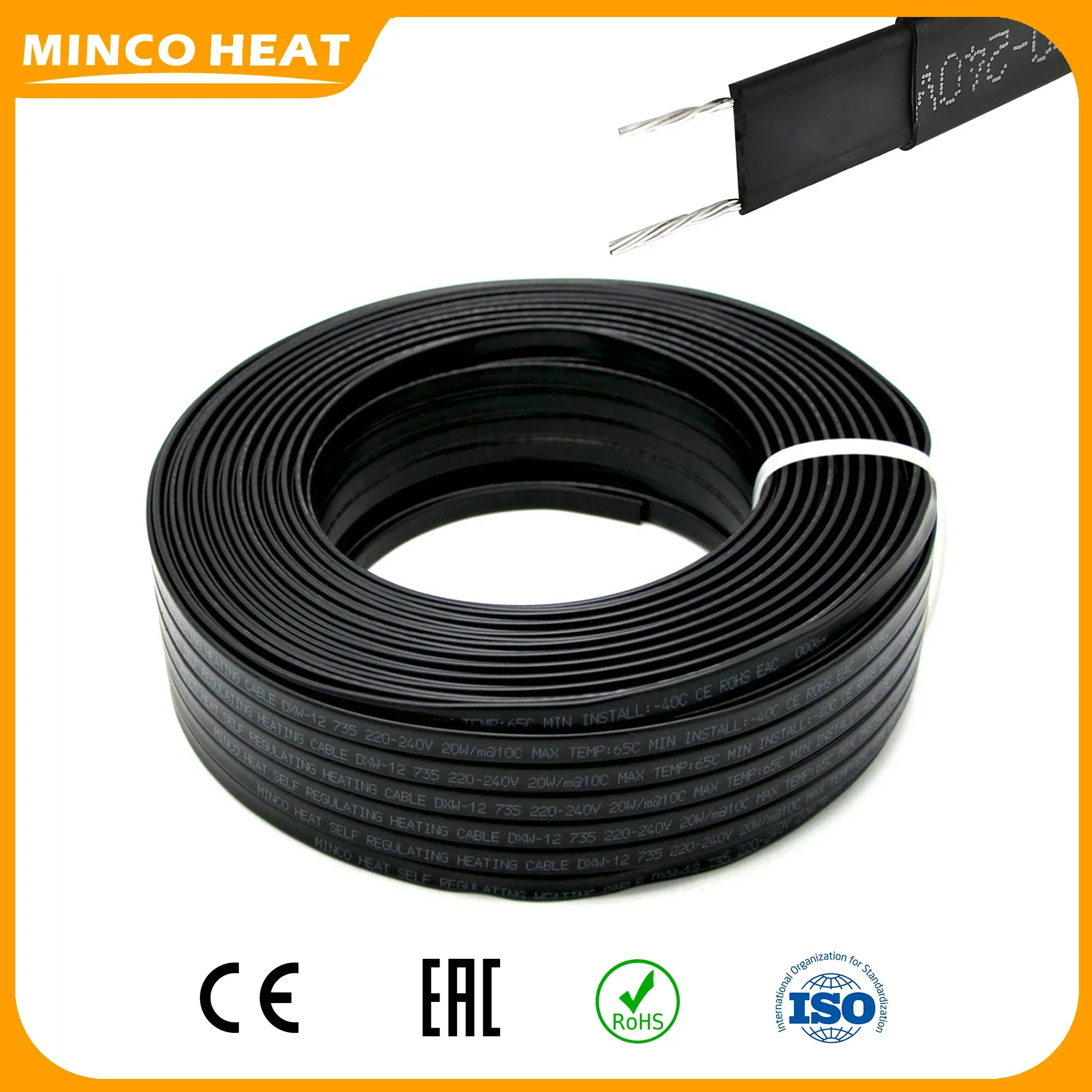 Minco Heat 12mm Self-adjusting Water Pipe Protection Roof Deicing Flame Retardant Heating Belt Multipurpose Heating Cable