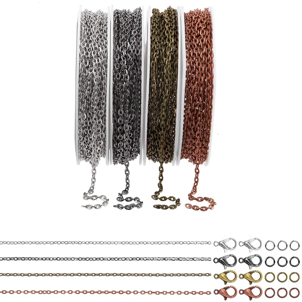 

4 Rolls 2 mm Jewelry Making Chains Link Roll Bulk Necklace Chains with Lobster Clasps and Jump Rings for DIY Jewelry Making