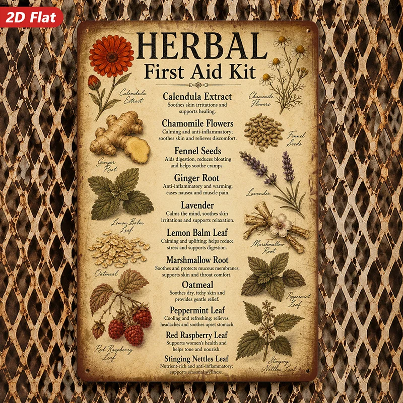 2D Flat, 1pc Metal Sign Wall Art, Herbal First Aid Kit Home Decor, Botanical Pattern, Vintage Style, for Living Room, Study, Saf