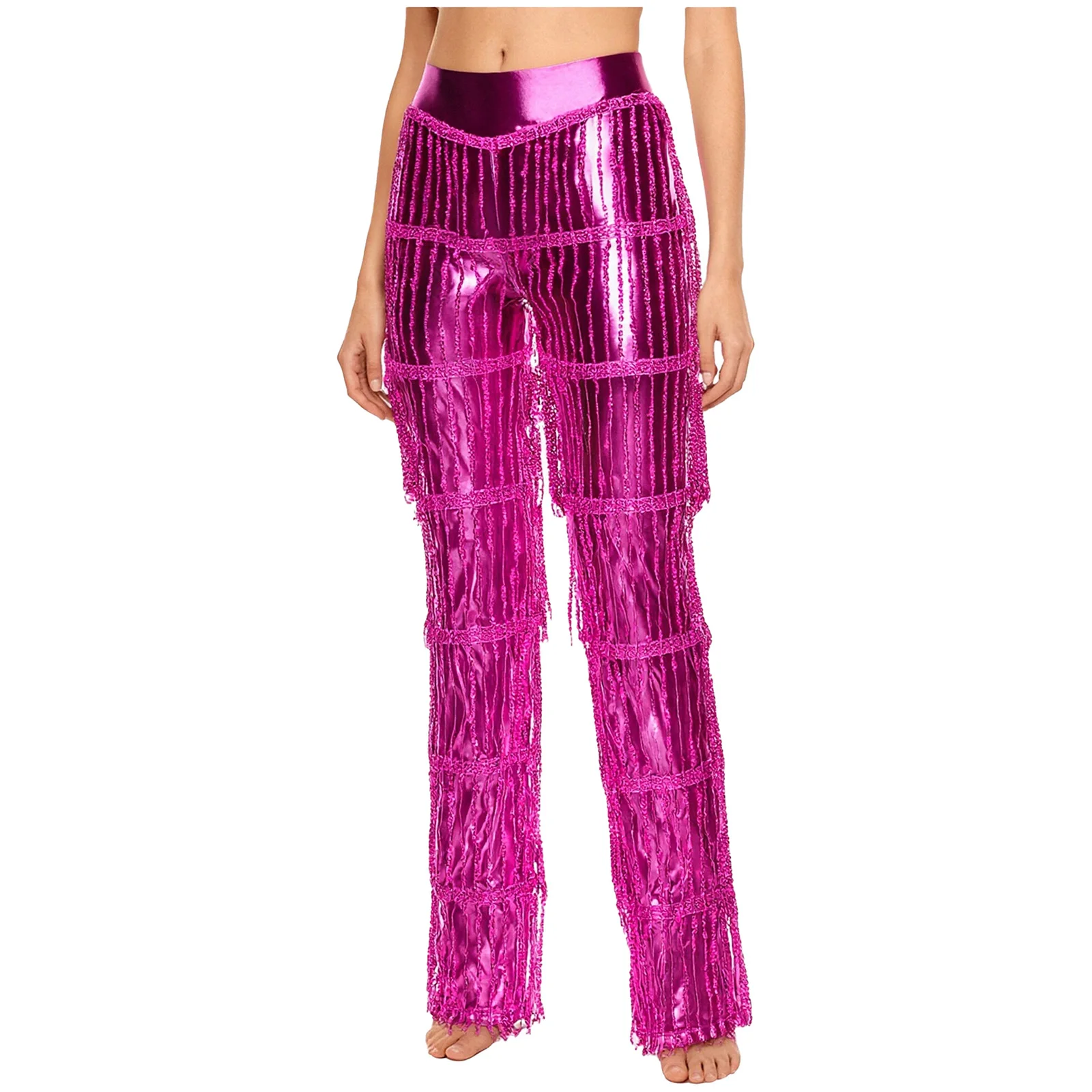 エレガントな女性タンゴサルサ 70 年代ディスコダンスパンツティアードスパンコールタッセルカラーブロッキングメタリックロングパンツズボンラテンダンスウェア