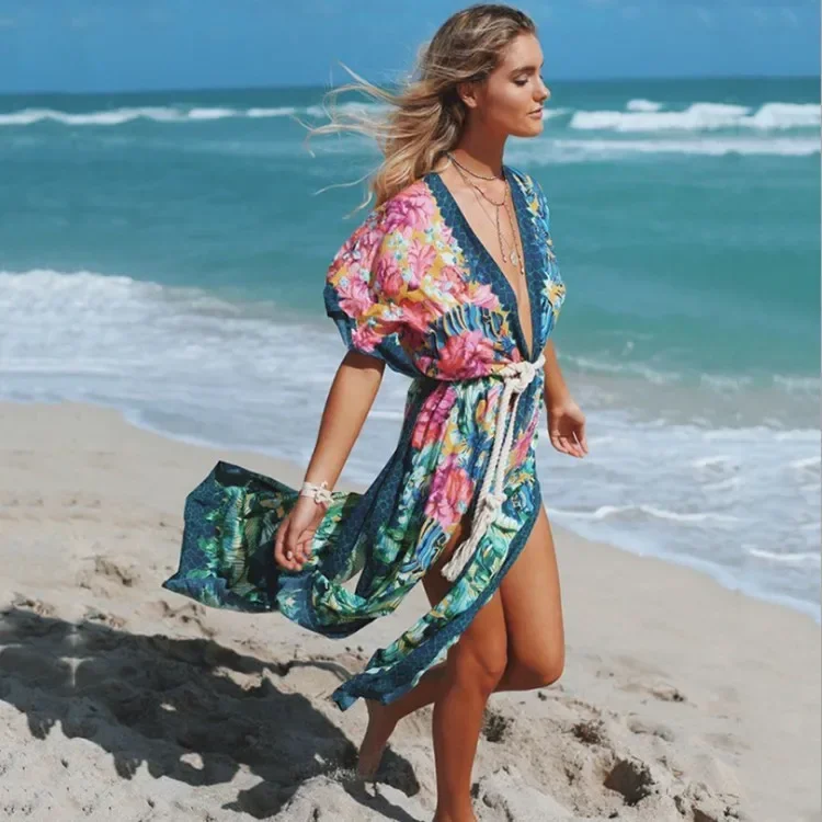 AYUALIN Boho Floral Print Kimono Women Cardigan Sexy Side Split Beach Kaftan Long Dress Summer Bikini Cover Up Vestidos Robe