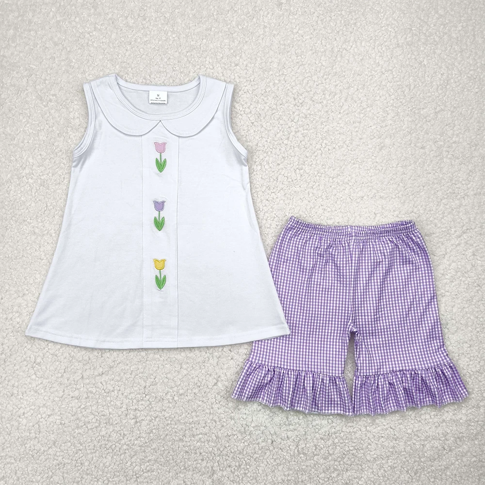 

Embroidery Baby Girls White Tulips Sleeveless Tunic Top with Purple Plaid Shorts Outfit Set Cute Girl's Summer Clothing