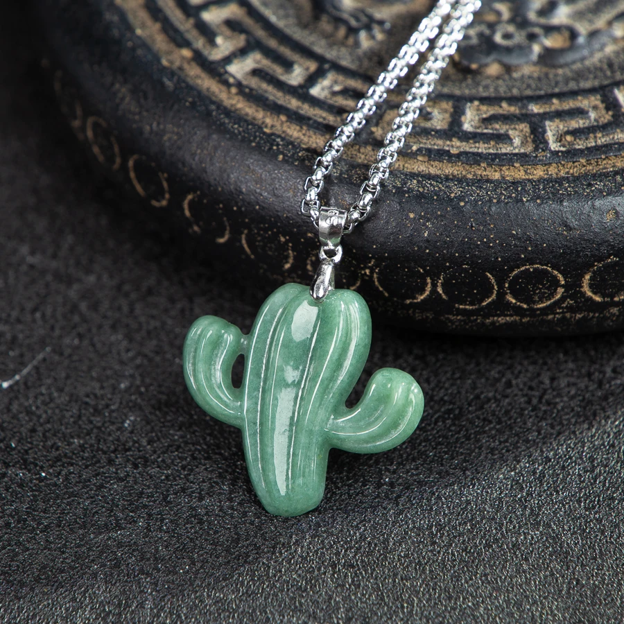 

TIMESWIND Green Natural A-type Jade Cactus Pendant Titanium Steel Men Necklace with Certificate