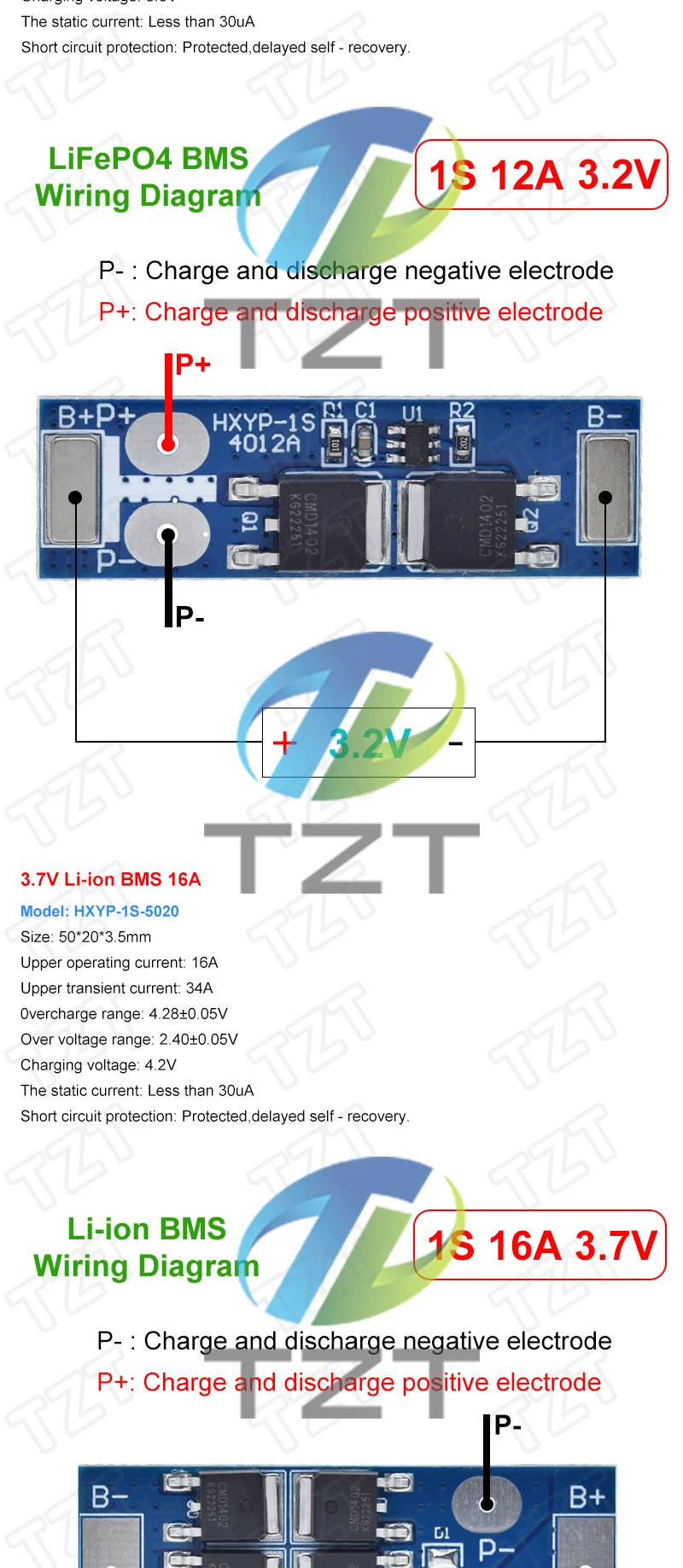 TZT 1/3PCS BMS 1S 12A 16A 24A 3,2V LiFePO4 / 3,7VLithium Batterie Schutz Bord 18650 4,2V Lade Spannung/Kurzschluss – Detail 5