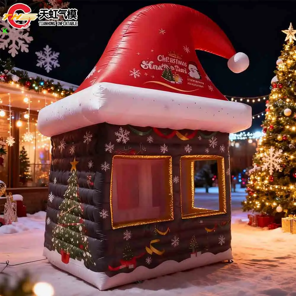 Envío rápido, nuevo diseño, tienda inflable para casa de Navidad, sombrero rojo de Papá Noel, tienda inflable con soplador