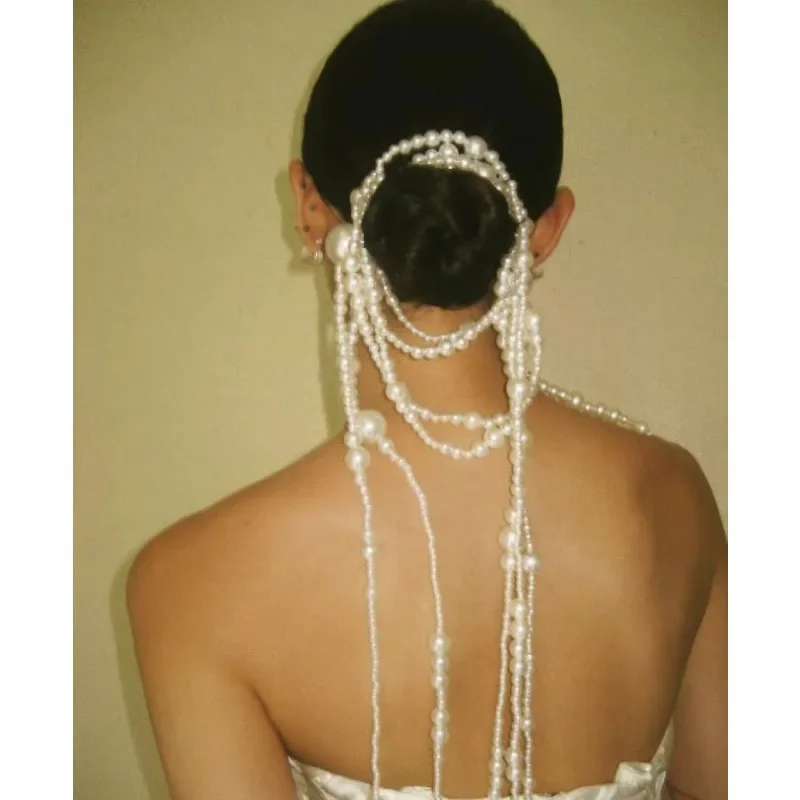 Personalized exclusive bridal heel makeup artist customized luxury pearl tassel hair accessories hair band