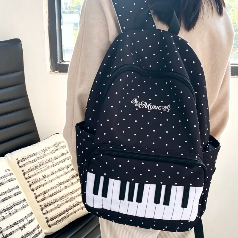 韓国ポルカドットピアノキーボードプリントバックパックナイロン軽量大容量スクールバッグ旅行キャンパスデイリーミュージック学生バッグ
