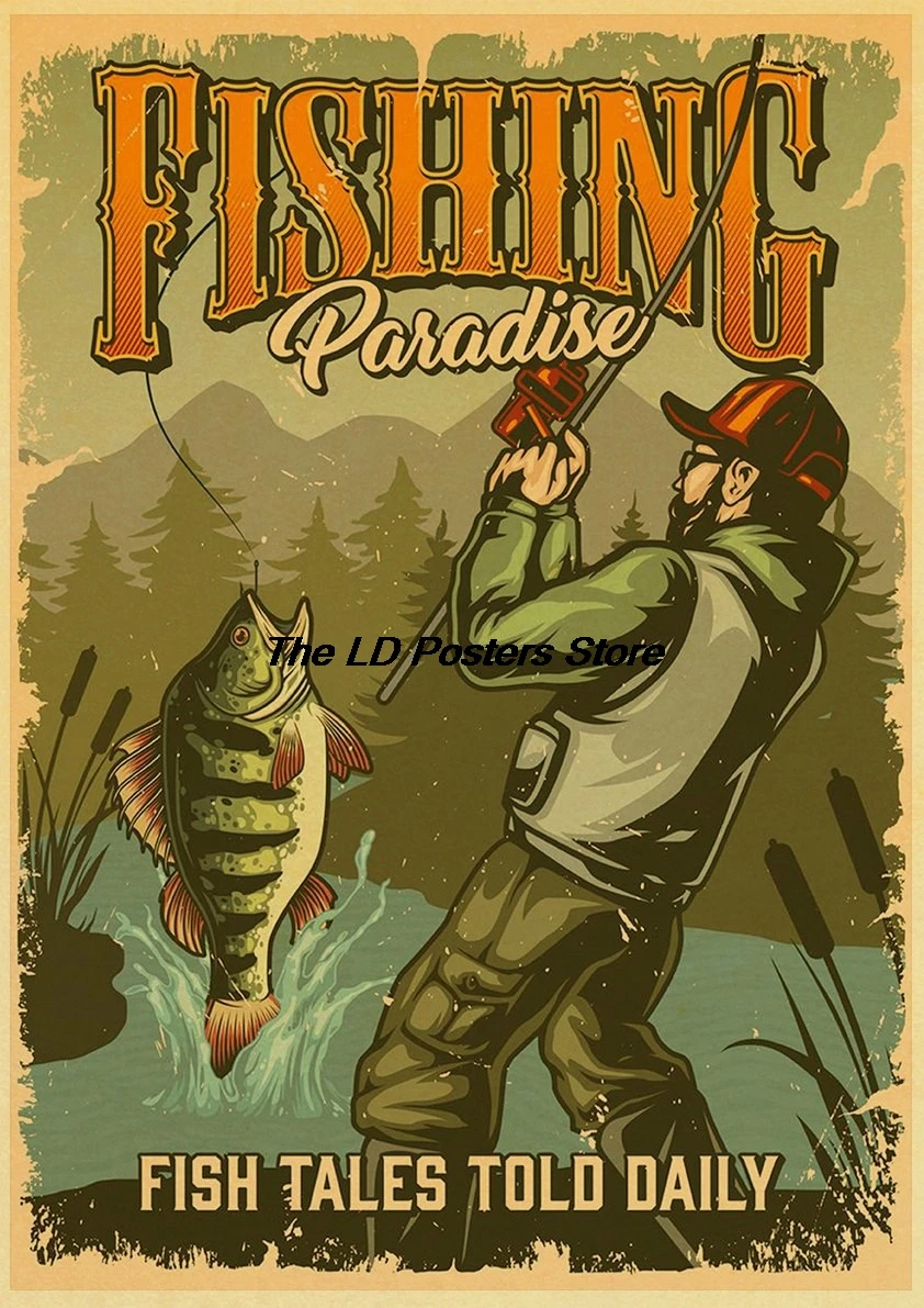 Fishing Poster Painting Nostalgia Aesthetic Decoration Chambre Skateboard Streetwear Creative Kraft Paper Wall Room Bar Decor