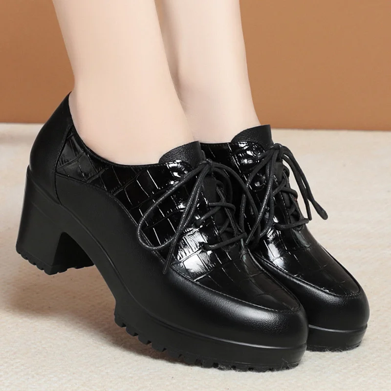 Deep Mouth Soft Leather Shoes Women Oxfords Platform Pumps High Heels Shoes Black Lace up Office Work Pumps Shoes